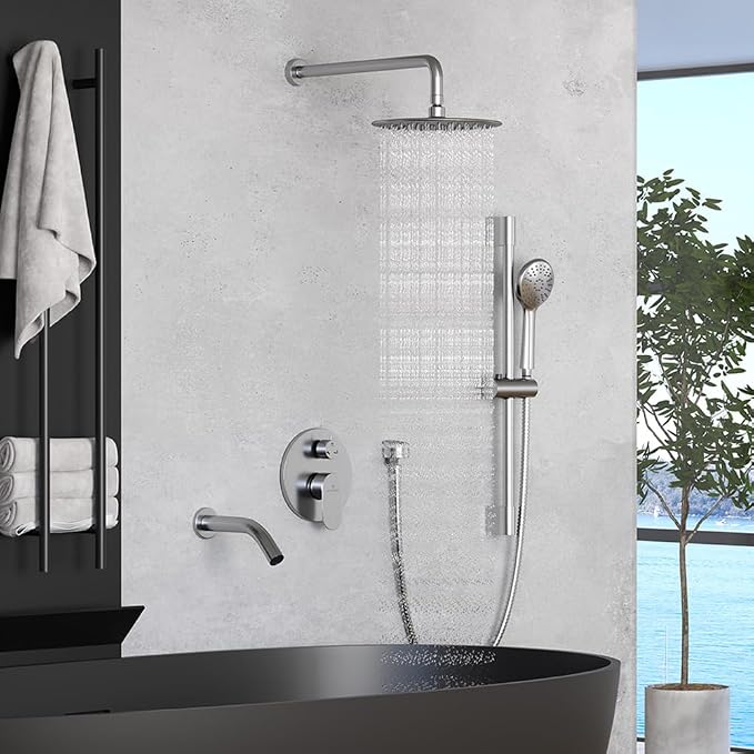 MONDAWE 9 Inch Wall Mounted Shower Faucet Set with Tub Spout in Brushed Nickel, Rainfall Shower Head with 3-Setting Handheld Spray Shower Combo, High Pressure Shower System with Solid Brass Valve