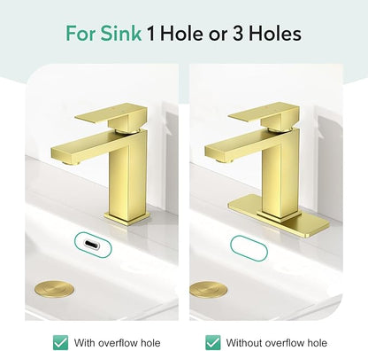 Faustina Light Gold Bathroom Faucet, Single Handle Stainless Steel Bathroom Vanity Faucet with Metal Pop-Up Drain & Deck Plate for 1 or 3 Hole