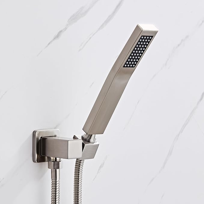Brushed Nickel Square Hand Shower Head, handheld shower head with hose,Brass High Pressure Rinse With Adjustable Water Supply Elbow Wall Mount Connector Shower Bracket and Hose Set