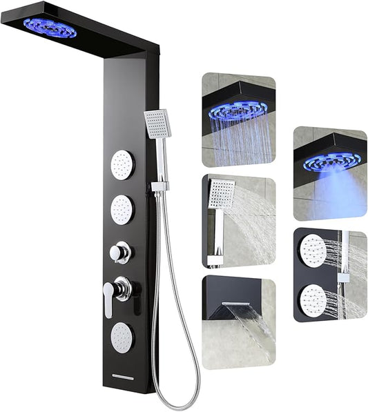 ROVOGO Shower Panel Tower System with Led Lights, 2-Mode Shower Head, 3 Body Jets, Handheld and Tub Spout, 46.5"H x 7.8"W Stainless Steel Shower Column with Mixer Valve, Black