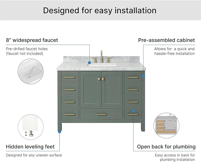 Beckford 48-inch Vintage Green Bathroom Vanity with Center Rectangle Single Sink, Italian Carrara Marble Countertop & Backsplash, Solid Wood Frame, Soft-Closing & Dovetail Drawers