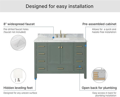 Beckford 48-inch Vintage Green Bathroom Vanity with Center Rectangle Single Sink, Italian Carrara Marble Countertop & Backsplash, Solid Wood Frame, Soft-Closing & Dovetail Drawers