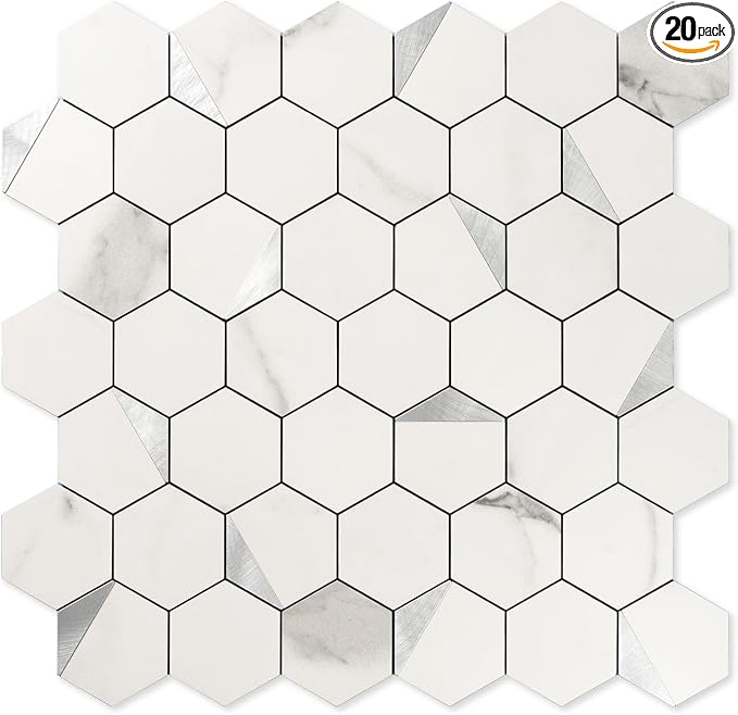 Hexagon Peel and Stick Backsplash for Kitchen Wall,20 Sheets Heat Resistant Stick on Backsplash PVC Tiles, 12'' Gray White Marble Waterproof Peel and Stick Tile for Bathroom