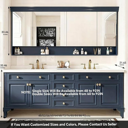 48-92IN Single/Double Sink Bathroom Vanity, Defogging Smart Mirror, Modern American Free Standing Vanity with Bathroom Cabinet