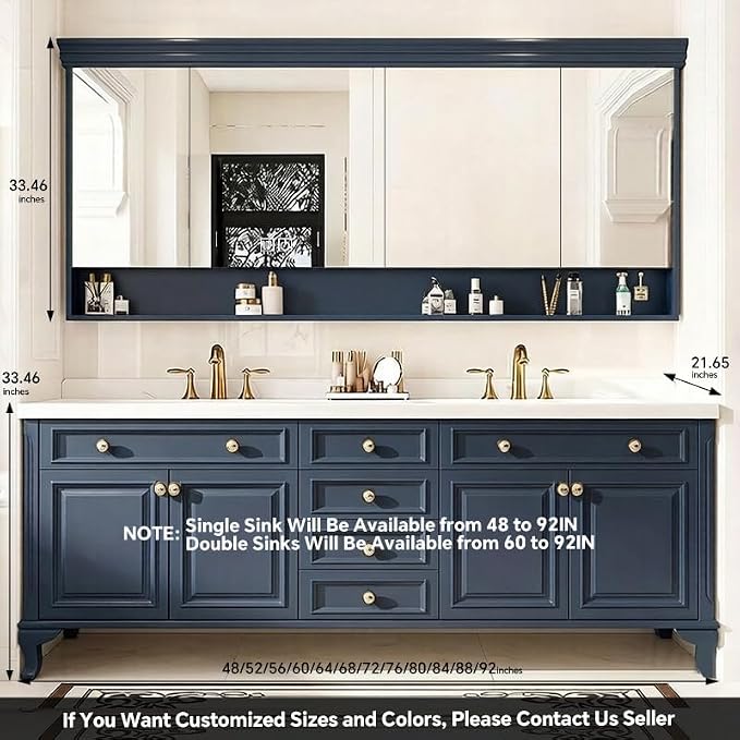 48-92IN Single/Double Sink Bathroom Vanity, Defogging Smart Mirror, Modern American Free Standing Vanity with Bathroom Cabinet