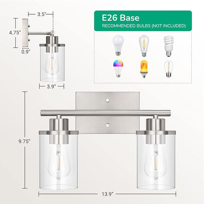 EDISHINE 2-Light Brushed Nickel Bathroom Vanity Light, Modern Wall Sconces | E26 Base, Modern & Elegant Design for Bathroom, Powder Room, Bedroom, Kitchen