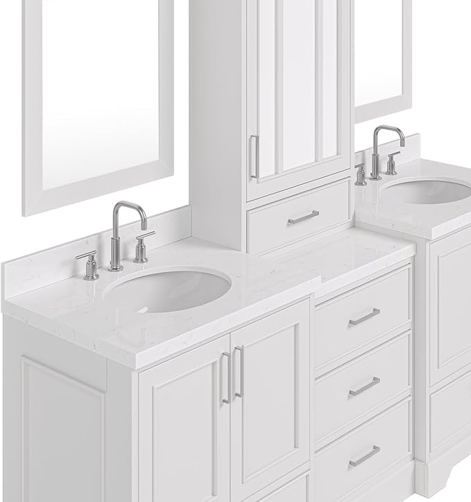ARIEL Stafford 84-inch Bathroom Vanity with Sink,Solid Wood, 1.5-inch Carrara White Quartz Countertop & Backsplash, Double Oval Porcelain Sink, 5 Soft Closing Doors, 6 Dovetail Drawers, Grey
