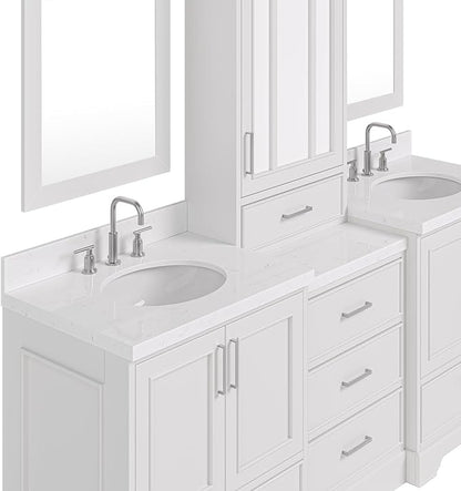 ARIEL Stafford 84-inch Bathroom Vanity with Sink,Solid Wood, 1.5-inch Carrara White Quartz Countertop & Backsplash, Double Oval Porcelain Sink, 5 Soft Closing Doors, 6 Dovetail Drawers, Grey