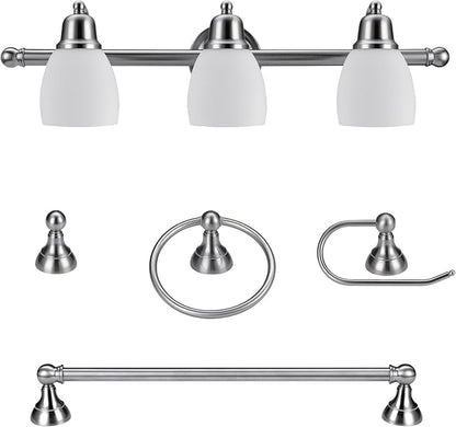 Globe Electric 51229 Jayden 5-Piece All-in-One Bathroom Set, Satin Nickel, 3-Light Vanity Light with White Opal Glass Shades, Towel Bar, Toilet Paper Holder, Towel Ring, Robe Hook