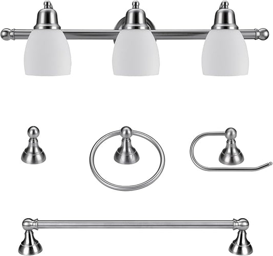 Globe Electric 51229 Jayden 5-Piece All-in-One Bathroom Set, Satin Nickel, 3-Light Vanity Light with White Opal Glass Shades, Towel Bar, Toilet Paper Holder, Towel Ring, Robe Hook