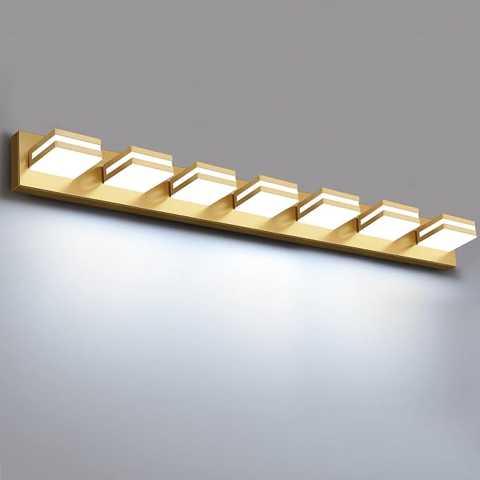 IZORRO LED Modern Bathroom Lights Fixtures(7-Light,Dimmable),Gold Acrylic Wall Lighting,Vanity Lights for Bathroom Over Mirror - 6000k 40In （No Assembly Required）