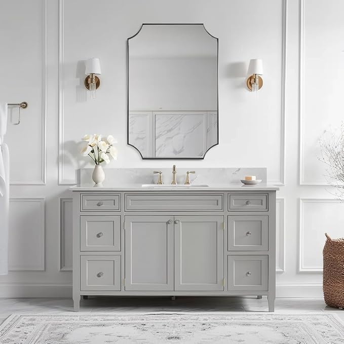 Brushed Nickel Mirror 24x36 Inch, Scalloped Bathroom Mirror, Silver Vanity Mirror in Anti-Rust Stainless Steel Metal Thin Frame Deep 1’’, Wall-Mounted Mirror (Horizontal/Vertical)
