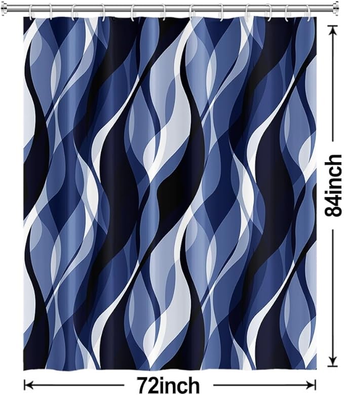 Navy Blue Shower Curtain, Modern Abstract Black and Blue Striped Shower Curtain Set for Bathroom Waterproof Shower Curtain with Hooks, 72x84 Inch