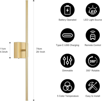 Battery Operated Wall Sconce, 3000K-6000K Dimmable Gold Wall Lights with Remote Control, Timable LED Wireless Wall Sconces, 350° Ratate for Bathroom, Living Room, Hallway 29.1 Inch 1 Pack