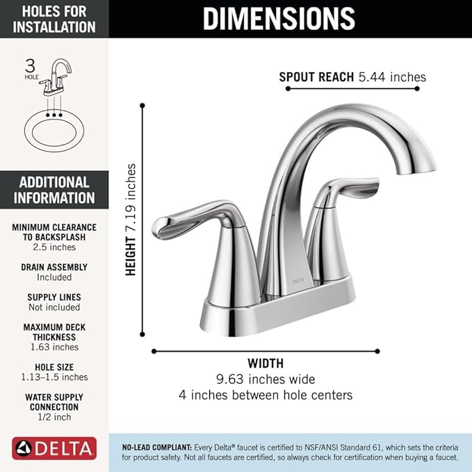 Delta Arvo Centerset Bathroom Faucet, Chrome 2-Handle Bathroom Faucet, Delta Bathroom Sink Faucet, Chrome 3-Hole Bathroom Faucet, Chrome 25840LF