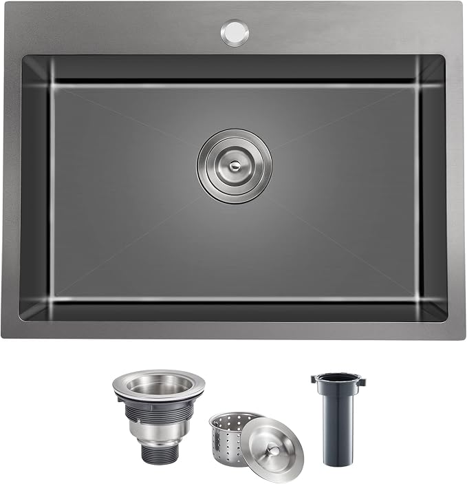 24 Inch Drop in Kitchen Sink Black, 18 Gauge Stainless Steel | Single Bowl Single Hole Topmount Sink, 24"x18"x9" Basin Sink for Small Kitchen, Bar and RV