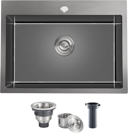 24 Inch Drop in Kitchen Sink Black, 18 Gauge Stainless Steel | Single Bowl Single Hole Topmount Sink, 24"x18"x9" Basin Sink for Small Kitchen, Bar and RV