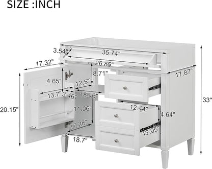 36" Bathroom Vanity Without Top Sink,Modern Freestanding Storage Cabinet with 2 Soft-Close Drawers & Tip-Out Tray,Solid Wood Frame Vanity Only w/Adjustable Shelf & Door Organizer,White