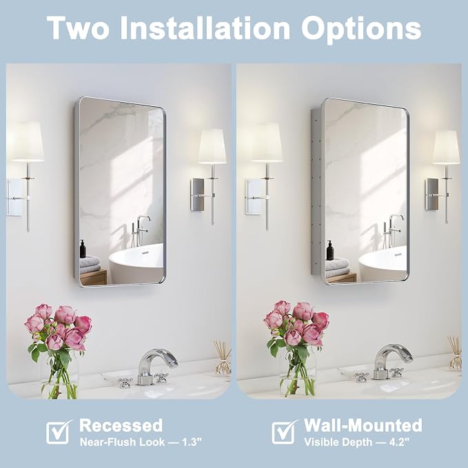 16x24 in Bathroom Medicine Cabinet with Mirror, Matte Silver | Fully Assembled; Recessed or Surface Wall Mount; Metal Cabinet with Tempered Glass Mirror and Two Adjustable Glass Shelves