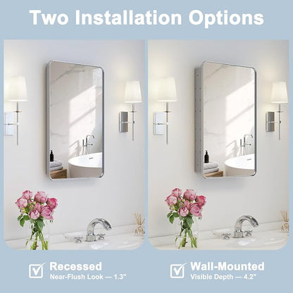 16x24 in Bathroom Medicine Cabinet with Mirror, Matte Silver | Fully Assembled; Recessed or Surface Wall Mount; Metal Cabinet with Tempered Glass Mirror and Two Adjustable Glass Shelves