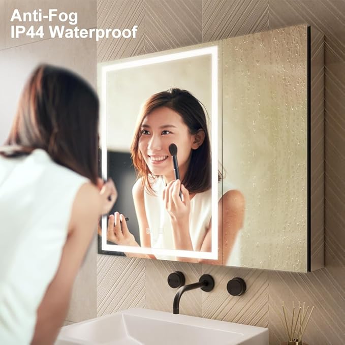 LED Lighted Bathroom Medicine Mirror Cabinet with Sockets & USBs, Anti-Fog Dimmable Light and Color Adjustment, Easy to Install Aluminum Cabinet (30 * 28 Two-Door)