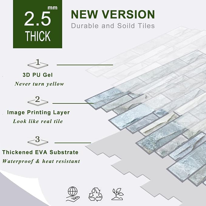 STICKGOO 10-Sheet Peel and Stick Backsplash, 12”X12” Self Adhesive Wall Tiles, Stick on Backsplash for Kitchen & Bathroom (Cultured Stone Look, Thicker Design)