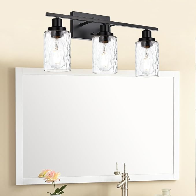 MELUCEE 3-Light Bathroom Light Fixtures Black Finish with Hammered Glass | Vanity Lights Over Mirror Industrial Wall Light Fixture Suitable for Living Room Porch Kitchen (Patent No.: US D963914 S)