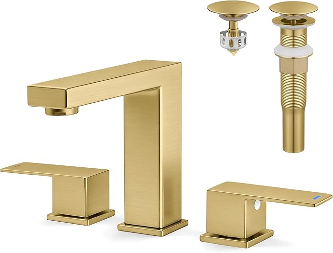 KES Gold Bathroom Faucet 3 Hole, 8-inch Widespread Brushed Gold Sink Faucet for Bathroom Vanity 2 Handle, with Metal Pop Up Drain No Overflow and cUPC Supply Line, L4350LFF12-BZ-C2