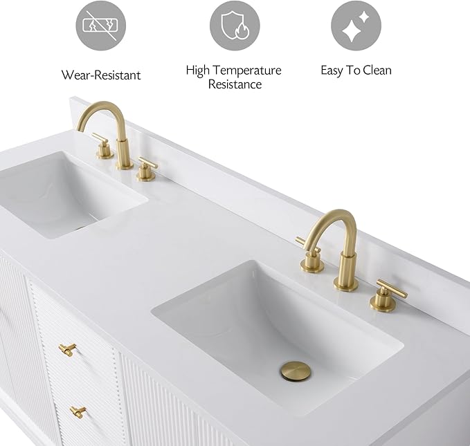 Vanity Art 60" Bathroom Vanity with Double Sink & Arabescato White Engineered Stone Top, Vanity Cabinet with Soft Closing Door, Solid Wood Frame, Golden Brushed Handles, White VA8160D-W-GB