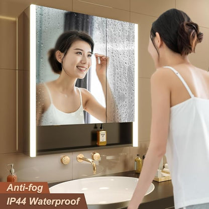 KWW LED Lighted Bathroom Medicine Cabinet with Sockets & USBs, Defogger, Dimmable, 3 Color Light Makeup Mirror, Easy to Install, Wall Mounted Cabinet (2 door-31 * 34)