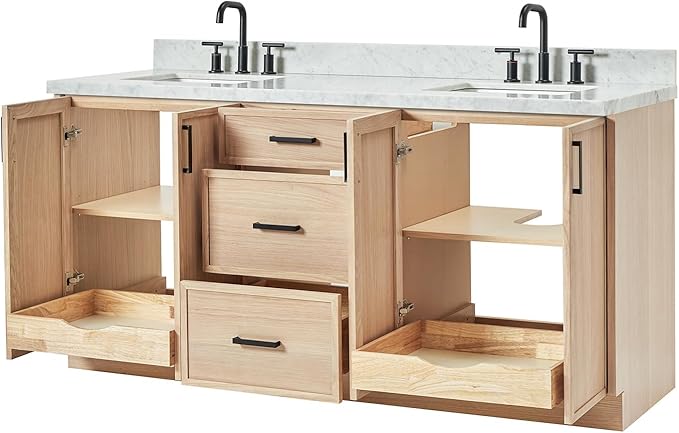 ARIEL Kelly 72-inch Bathroom Vanity with Sink,Solid Wood, 1.5-inch Italian Carrara Marble Countertop, Double Rectangular Porcelain Sink, 4 Soft Closing Doors, 5 Dovetail Drawers, White Oak