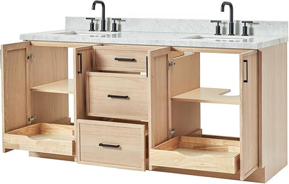 ARIEL Kelly 72-inch Bathroom Vanity with Sink,Solid Wood, 1.5-inch Italian Carrara Marble Countertop, Double Rectangular Porcelain Sink, 4 Soft Closing Doors, 5 Dovetail Drawers, White Oak