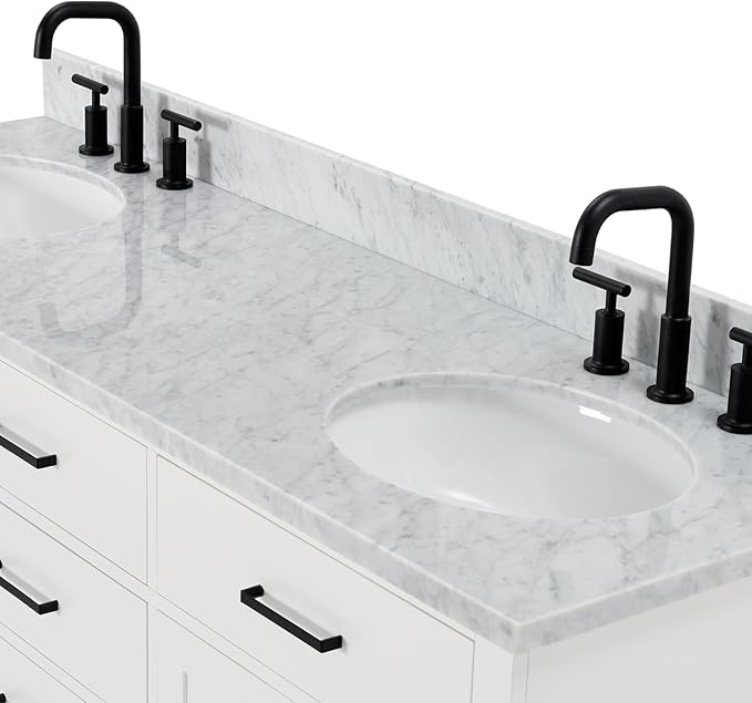 ARIEL Hepburn 66-inch Bathroom Vanity with Sink,Solid Wood, 0.75-inch Italian Carrara Marble Countertop & Backsplash, Double Oval Porcelain Sink, 4 Soft Closing Doors, 6 Dovetail Drawers, White
