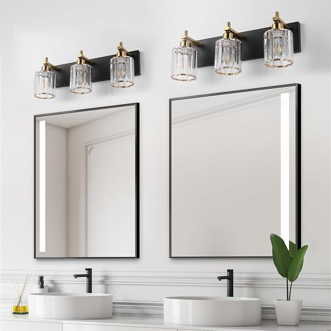 Black and Gold Crystal Bathroom Vanity Lights, 3-Lights Bathroom Light Fixture Over Mirror, 20 Inch Modern Farmhouse Vanity Light, Brass Gold Bath Wall Sconce for Bath Mirror Kitchen Hallway Cabinet