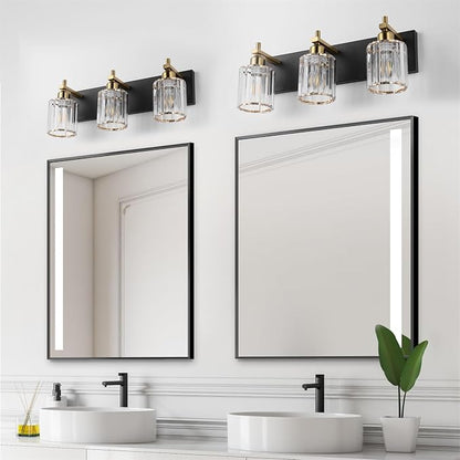 Black and Gold Crystal Bathroom Vanity Lights, 3-Lights Bathroom Light Fixture Over Mirror, 20 Inch Modern Farmhouse Vanity Light, Brass Gold Bath Wall Sconce for Bath Mirror Kitchen Hallway Cabinet