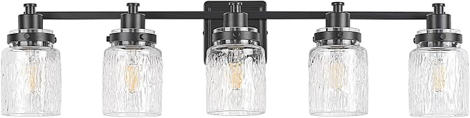 5 Light Bathroom Light Fixtures Farmhouse Black Vanity Lights | ETL Certificate, Easy to Install,Wall Mount Up or Down,Hammered Glass Lampshade,E26 Socket,Hardwired,120V