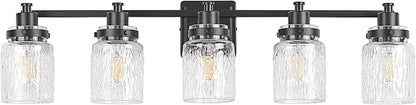 5 Light Bathroom Light Fixtures Farmhouse Black Vanity Lights | ETL Certificate, Easy to Install,Wall Mount Up or Down,Hammered Glass Lampshade,E26 Socket,Hardwired,120V
