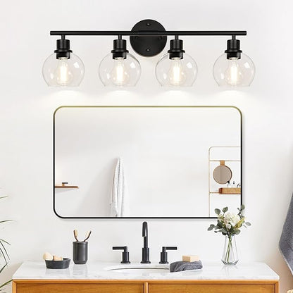 4-Light Bathroom Light Fixtures, Black Bathroom Lights Over Mirror with Clear Glass Globe Shade, Vanity Lights for Bathroom Kitchen Living Room Hallway Cabinet Bedroom Porch