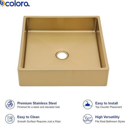 Dcolora 15 In. Gold Drop In Bathroom Vessel Sink for Vanity, 16 Gauge Stainless Steel Sink with Drain Assembly, 15"D x 15"W x 4"H #DC-VS261202
