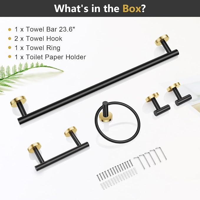 TQKAG 5 Piece Black and Gold Bathroom Accessories, Towel Racks for Bathroom | 23.6" Bathroom Hardware Set, SUS304 Stainless Steel, Double Post Pivoting, Towel Hooks, Toilet Paper Holder Set Wall Mounted