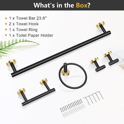 TQKAG 5 Piece Black and Gold Bathroom Accessories, Towel Racks for Bathroom | 23.6" Bathroom Hardware Set, SUS304 Stainless Steel, Double Post Pivoting, Towel Hooks, Toilet Paper Holder Set Wall Mounted
