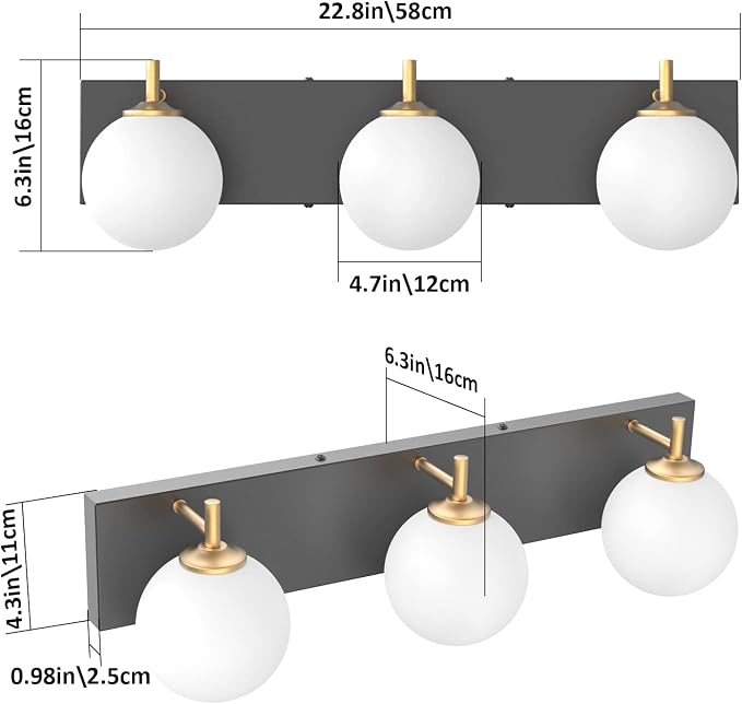 Aipsun Mid Century Modern Bathroom Vanity Light 3 Lights Milky White Glass Shades Black/Golden Bathroom Light Fixture(Exclude Bulb)