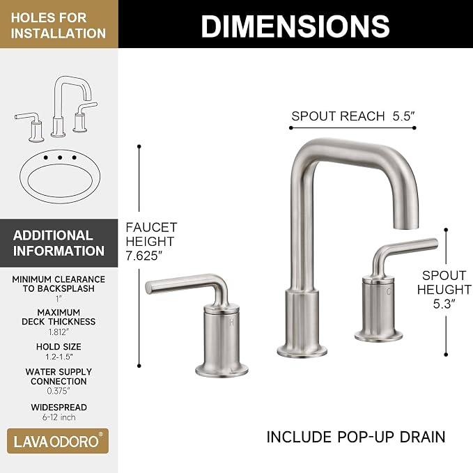3 Hole Bathroom Faucet, Brushed Nickel Solid Brass Bath Faucet | 8 Inch Widespread Bathroom Sink Faucet, 2 Handle Faucet for Bathroom Sink with Drain Assembly Supply Line, BF503-BN
