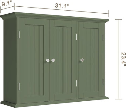 ChooChoo Laundry Cabinet with 3 Doors and Adjustable Shelves | 9.06"D x 31.1"W x 24"H, Bathroom Wall Cabinet, Cupboard, Green