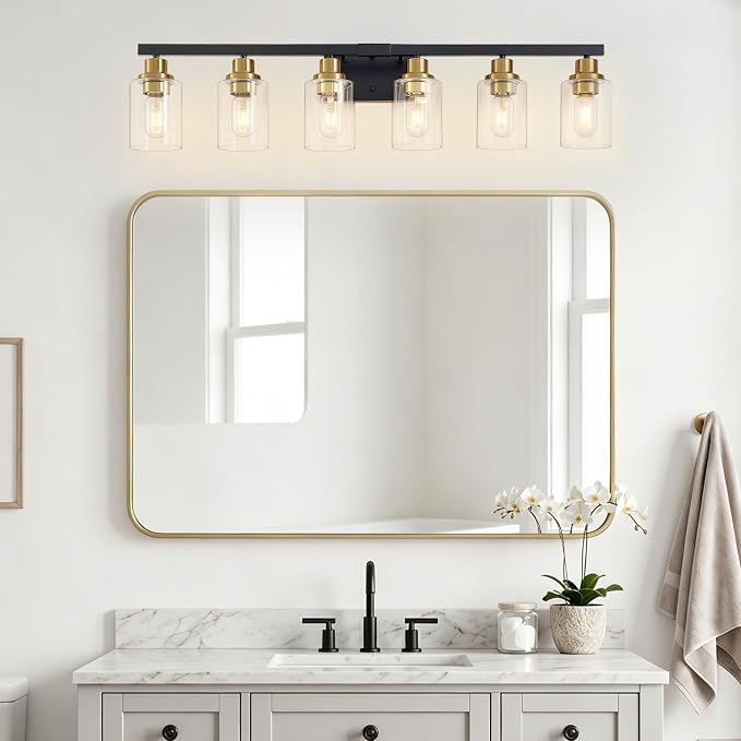6-Light Vanity Lights Bathroom Light Fixtures,Black and Gold,37" | Modern Bathroom Vanity Light over Mirror with Clear Glass Shade,Farmhous Wall Mounted for Bathroom,E26 Base