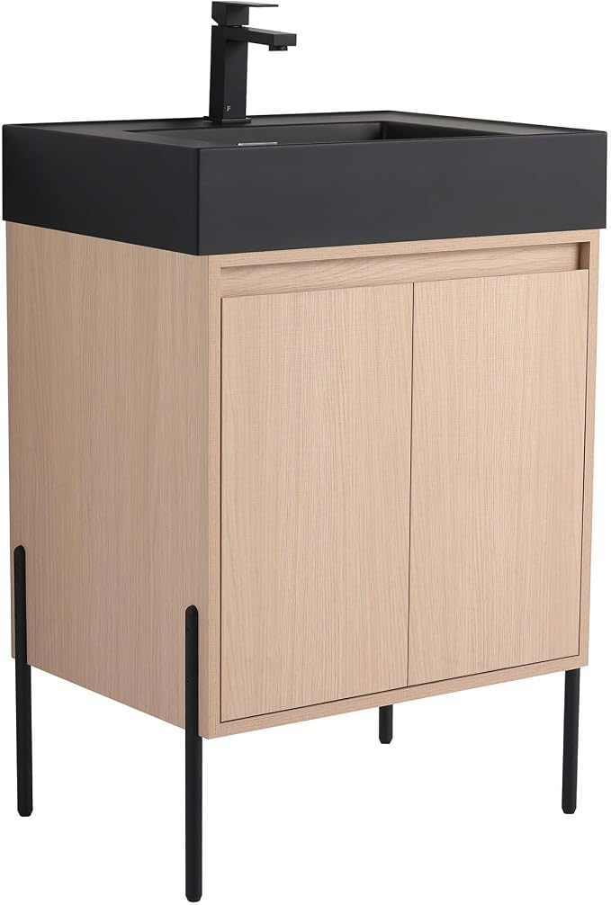 Crownpoint 24 Inch Bathroom Vanity with Sink, Black Sink, White Oak Finish, Full Assembly Required, Elegant Bathroom Vanities for Modern Homes