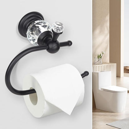 2 Pieces Sets Black Crystal Series Toilet Paper Holder Wall Mouted Towel Ring, Gold Round Hand Towel Rack Decorative for Bathrooms