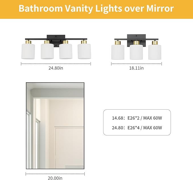 WILON Bathroom Light Fixtures Over Mirror, 3 Light Black and Gold Vanity Light, Wall Sconces with White Milky Glass Lamp Shades,E26 Bathroom Vanity Light (Bulbs Not Included)