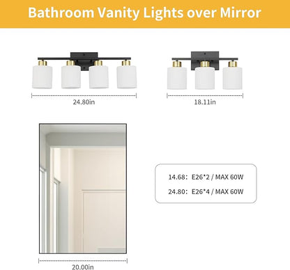 WILON Bathroom Light Fixtures Over Mirror, 3 Light Black and Gold Vanity Light, Wall Sconces with White Milky Glass Lamp Shades,E26 Bathroom Vanity Light (Bulbs Not Included)