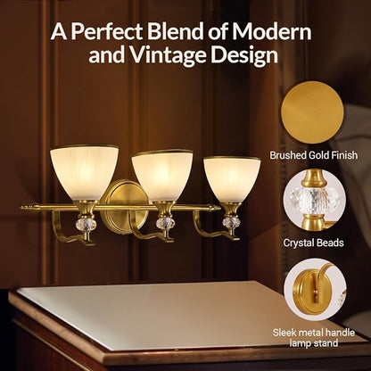 Bathroom Light Fixture, 3-light Brass Vanity Light, Vintage Bathroom Lights Over Mirror with Crystal Beads, Wall Sconce Lighting with Frosted Milky Glass Shade, E26 Base (Bulbs Not Included)